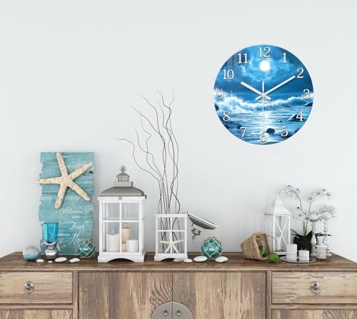 Image of XFM Large Blue Moon Wall Clock 20 Inch Beach Theme | Silent Non Ticking Ocean Wave Round Analog Modern Nature Decorative for Living Room Kitchen Bedroom Decor