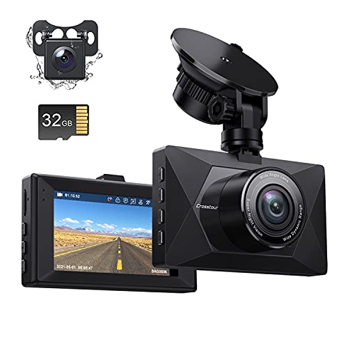 Dash Cam Front and Rear, 1080P Dual Dash Cam 32GB TF Card Included, Crosstour 3 Inch Dash Cam for Cars Front and Rear,170Â° Wide Angle Car Cam with Parking Monitor Night Vision G-Senor Loop Recording