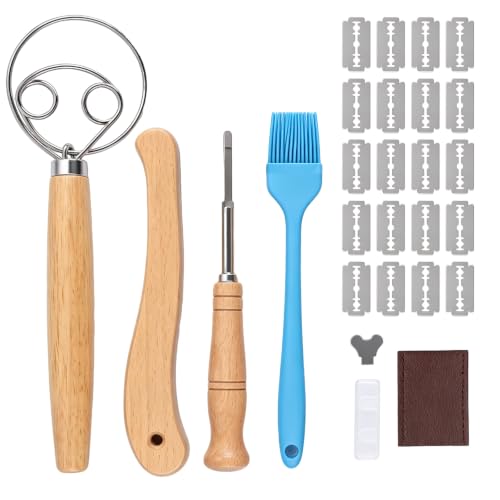 Carehabi Set de cuchillos de panadero y mezclador de masa, batidor danés, 2 cuchillos para pan para cortes rectos y curvos, incluye 20 cuchillas, pincel de silicona y fundas protectoras.
