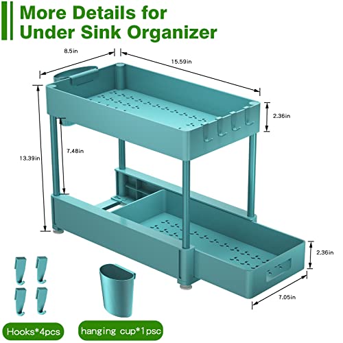 Under Sink Organizers And Storage 2 Pack, Zomilb Bathroom Organizer 2-Tier Sliding Kitchen Cabinet Organization With Hook, Hanging Cup, Multi-Purpose Under Sink Shelf Organizer For Home Storage, Blue #TOP1