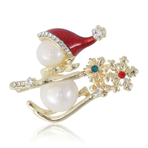 Muñeco de nieve Esquí Broche de Navidad Broche para mujeres Niñas Cristal Copo de nieve Flor Perla Broche de Solapa Sombrero de suéter Broches de traje Joyería chapada en oro de 14K Regalos festivos,