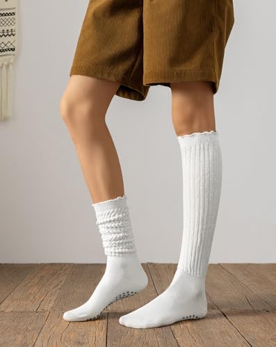 Image of Yawlsow Pilates Socks with Grips for Women Yoga Ruffle Grippy Non Slip Long Slouchy Scrunch Socks for Barre Workout Hospital