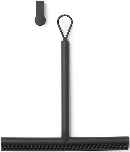 Brabantia Silicone Shower Squeegee with Hook Anti Streak Cleaning Wiper for Bathroom Glass, Plastic, Tile-Doublesided Brush & Rim Design, One Size, Dark Gray