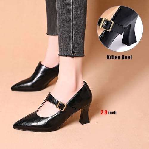 Women's Pu Kitten Heel T-Strap Pumps with Adjust Buckle Vintage Pointed Toe Mid Skinny Heel Dress Mary Janes for Work Office Party Daily2
