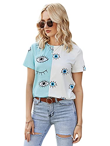 SOLY HUX Women's Color Block Short Sleeve Tee Casual Printed T Shirt Top Blue White Eyes M