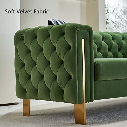 Image of Dolonm Modern Velvet Sofa for Living Room, 84 Inches Long Tufted Couch Upholstered Sofa with 2 Pillows High Arm and Metal Legs Decor Furniture for Bedroom, Office (Turquoise)