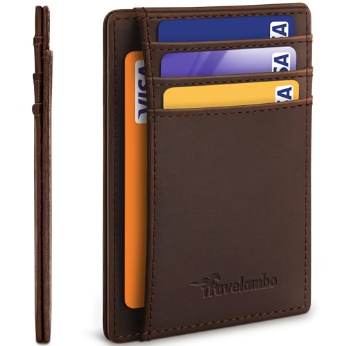 Travelambo 100% Genuine Leather Wallet for Men and Women, Slim Minimalist RFID Blocking Front Pocket Credit Card Holder with Gift Box