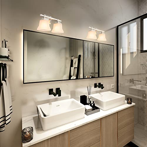 Image of Diodesy- 14-Inch Bathroom Vanity Square Bell Sconce 2-Light Fixture 100W Max E26 Medium Base Sockets Use A19 Bulb(Not Included) Brushed Nickel & Frosted Glass Shade ETL Listed- For Living Room Bedroom