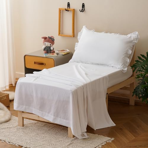 Image of Luxlovery Toddler Comforter Set White Ruffles Girls Kids Boho Bedding Set Bed Set for Dorm 4 Pieces (1 Comforter, 1 Flat Sheet, 1 Fitted Sheet, 1 Pillowcase)