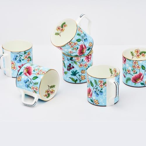 Image of GOLDEN QUEEN'S Handcrafted Tea Cups - Set of 6 | Ideal for Everyday Tea and Coffee, Enhancing Your Daily Rituals (Blush Blossom in Blue)