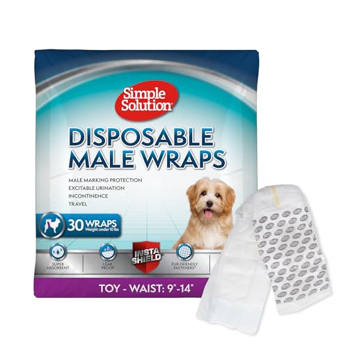 Image of Simple Solution Male Dog Diapers, Disposable Belly Bands, Toy, 30 Count | Dog Belly Bands, Potty Training, Incontinence Support, Leak Proof, Disposable Wraps, Male Dog Wrap, 9 inch-14 inch, Indoor Marking