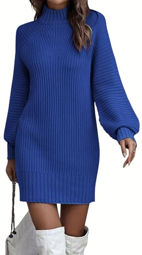 ELFIN Strickkleid Damen Rollkragen Langer Pullover Puff Ärmel Winter Pulloverkleid Freizeitkleid Langarm Strick Kleider Minikleid (M, Blau)