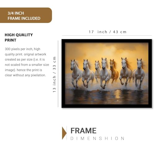 Image of HOTHOUSE Seven Running Vastu Lucky Horse | 7 Horses Vastu Frame Wall Art Painting for Living Room Bedroom Office Home Decor Rising Sun Painting Wall Decor Size (13X17 inch)