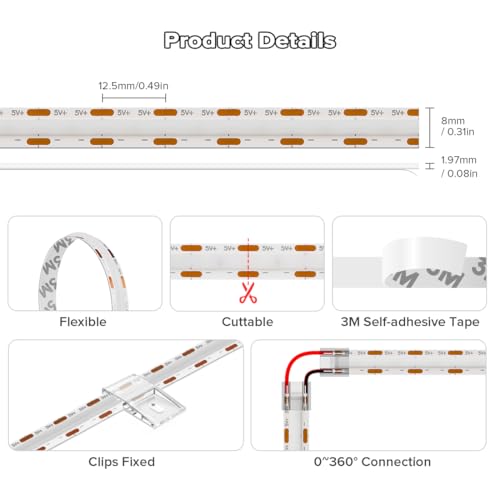 Image of 5V COB Blue Led Strip Light 6.56FT USB Powered CRI90+ LED Tape Lights with Dimmer, 8mm Width Dimmable High Density Flexible Strips for TV Under Cabinet Bedroom