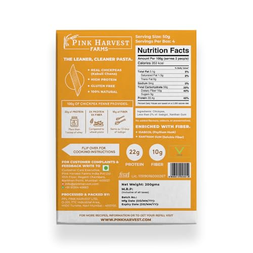 Image of Pink Harvest Farms Chickpea Pasta | No Rice - No Maida | Vegan | Gluten Free | High Protein | (Chickpea Penne Pasta, 200 g (Pack of 1))