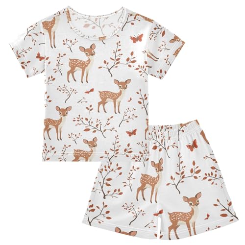 ALAZA Deer Leaf Deer Butterfly Pajamas Set Short Sleeve Cotton Sleepwear Summer Pjs 2 Piece 5-14Y