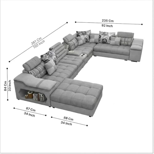 Image of Avion COMFORA U Shape 12 Seater Sofa Set for Living Room | Interchangeable U-Shaped Sectional Sofa Set with Cup Holder with 4 Puffy for Living Room & Office