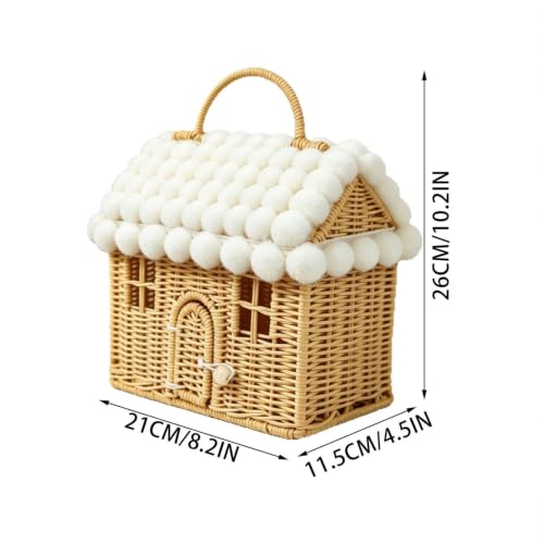 Winter Cottage Shaped Christams Decorative Basket W/Fluffy Balls Roof - image 2