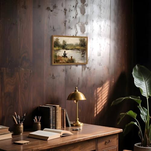 Image of Vintage Wall Art, Boy Fishing Wall Decor Paintings, Dog and Boy Landscape Canvas Prints Vintage Country Farmhouse Artwork for Bedroom Living Room 16x12 inch Wood Framed