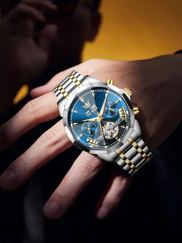 Image of OLEVS Men Automatic Watch Diamond Skeleton Mechanical Luxury Self Winding Moon Phase Calendar Waterproof Wrist Watch for Men