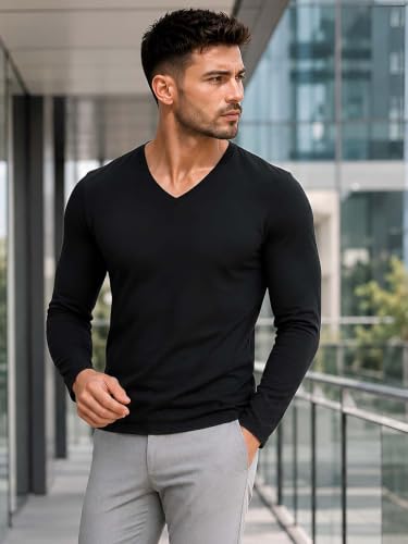 Image of Friskers Men's V-Neck Full Sleeves T-Shirt Blended Cotton with Elastane