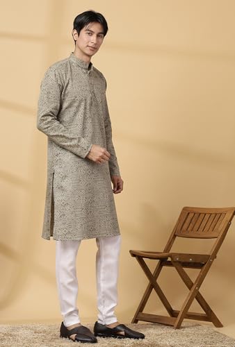 Image of Majestic Man Men's Cotton Regular Fit Casual Mandarin Collar Ethnic Motifs Printed Long Regular Kurta