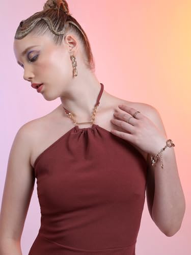 Image of Tokyo Talkies Women's Sleeveless Halter Neck Solid Dresses | Stylish Dresses | Party Dresses