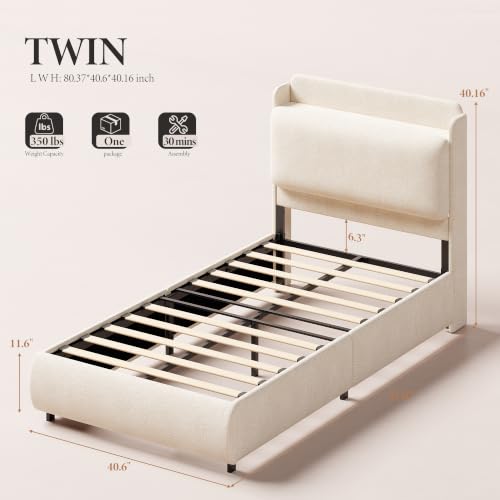 Image of Garvee Twin Size Bed Frame with Recessed Shelf for Kids- Beige