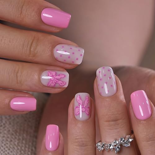Image of CurvLife Soft Gel Press On Nails Square, Long-Lasting 32Pcs 16Size Reusable Stick On Fake Nails Kit with Glue Tabs, Glossy Salon-Style Manicure for Women Teens Beginners, At-Home (Sugar Bow)
