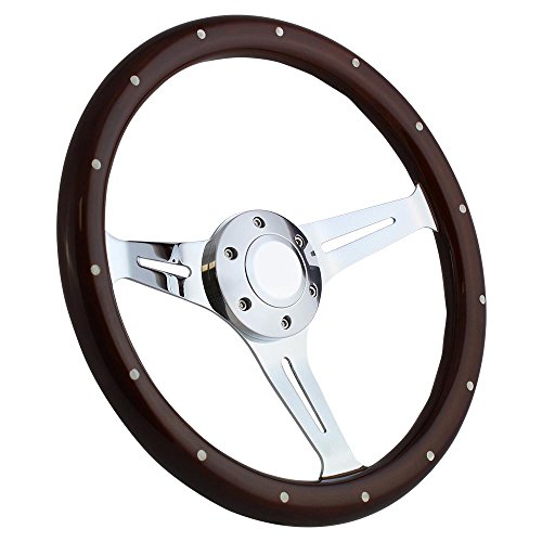 ForeverSharp 14 Inch Chrome Steering Wheel with Riveted Dark Wood Grip and Slotted Spokes