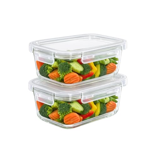 Image of Essentia Glass Lunch Box Borosilicate Container with Leakproof 4-Way Lock Lid, Removable Silicone Gasket, Anti-Slip Sleeve - Microwave & Freeze Safe, Dishwasher Safe (2x1050ml)