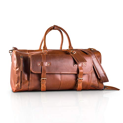 KomalC 24 Inch Leather Duffel Bags for Men and Women Full Grain Leather Travel Overnight Weekend Leather Bags Sports Gym Duffel for Men (Tan with Shoe pocket)