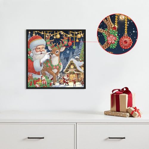 Image of Diamond Art Painting Kit for Adults, 5D Special Shape Diamond Art Kit for Beginners, Crystal Rhinestones Diamond Painting for Home Wall Christmas Decoration Gift 12x12 inch, Santa Claus Christmas Deer