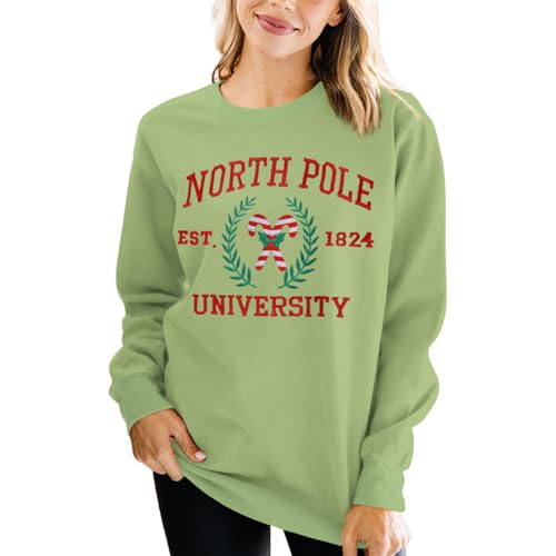 GLIGLITTR Women Christmas Sweatshirt North Pole University Embroidered Shirt Casual Long Sleeve Crewneck Pullover Holiday Top (Light Green, XL)