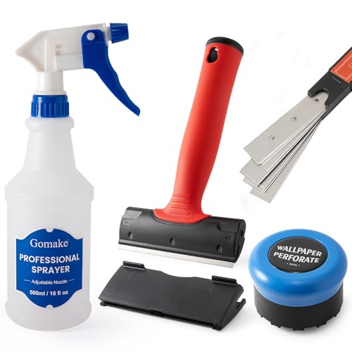 Gomake Wallpaper Remove Tool Set With Perforating Scoring Tool,Spray Bottle,4 inch Razor Blade Scraper Sticker Remover to Peel Contact Paper Vinyl Backsplash Window Film Wallpaper Adhesive