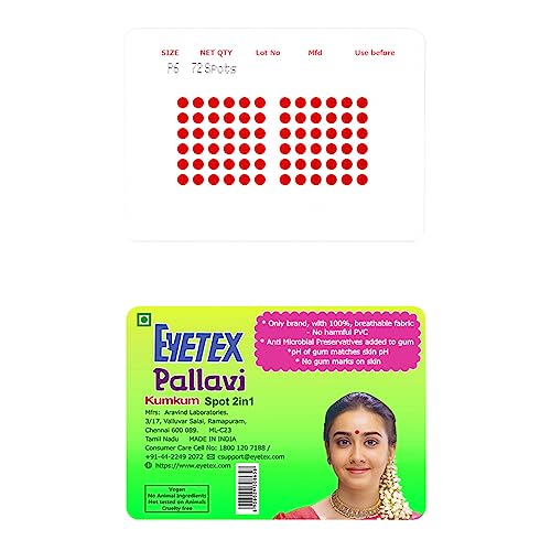 Image of Eyetex Pallavi Sticker Bindi /Pottu|Round|Aloe Vera & Papaya Extracts|Breathable Non-Irritating Velvet Fabric|P6|Red|20 Flaps