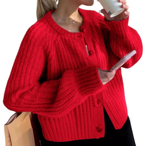 Image of Arssm Womens Cute Cardigan Sweater Long Sleeve Crewneck Button Down Cardigans Knit Top Fashion 2024 Knitwear(Red-M), Medium