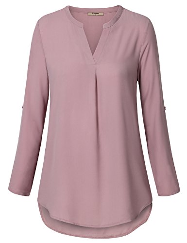 Timeson Tunic Blouses, Womens Chiffon Long Sleeve V Neck Solid Color Pleated Front Curved Hem Casual Shirt Tops Dark Pink L