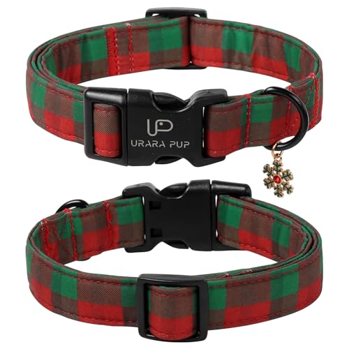 Image of Christmas Dog Collar, Red and Green Plaid Adjustable Pet Collar with Snowflake Charm, Holiday Dog Accessories for Small Medium Large Dogs