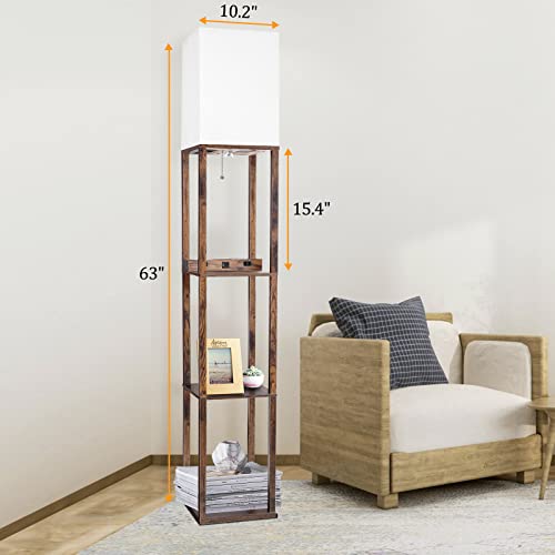 Dott Arts Floor Lamp With Shelves, Shelf Lamp With Wireless Charger & Usb A+C Ports & 2 Ac Outlets,3 Color Temperature Corner Brown Tall Standing Floor Lamps For Living Room, Bedroom, Office (Wood) #TOP4