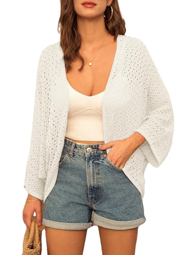 GRACE KARIN Summer Cardigan for Women Lightweight 2024 Hollow-Out Knit Kimono Cardigan Open Front Crochet Knit Boho Sweater Tops M Ivory