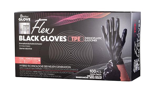 Guantes Desechables Negros 100 Uds. – Guantes TPE Flex, Sin Polvo, Sin Látex, No Estériles – Seguro Alimentario, Impermeable, Para Cocina, Salón, Uso Médico e Industrial