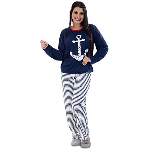 Kit 2 Pijama Feminino Longo Miney ou Âncora Estampado Inverno