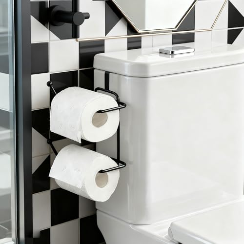 Image of Basicwise 2-pcs Over-The-Side Tank Double Toilet Paper Holder Compact Modern Bathroom Organizer Practical Storage Rack for Extra Rolls Quick & Easy Access for Everyday Use Neat Space Accent, Black