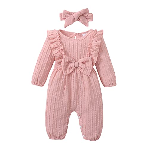 Image of Happy Town Baby Girl Romper Infant Fall Winter Clothes Ruffle Sweater Long Sleeve Bodysuit Jumpsuit and Headband