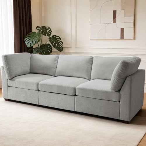 Image of TEKAMON 94 inch Modern Sofa Modular Sectional Couch, 3-Seat Chenille Deep Seat Sofa for Living Room, Bedroom and Apartment, Light Grey