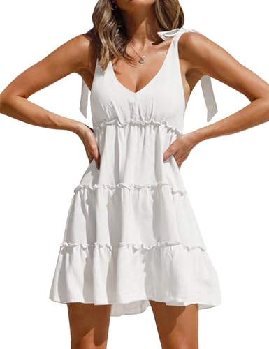 Image of AIMCOO Women's Sleeveless Tie Shoulder Tiered Frill Swing Dress V Neck High Waist Loose Dresses Solid Mini Babydoll Dress