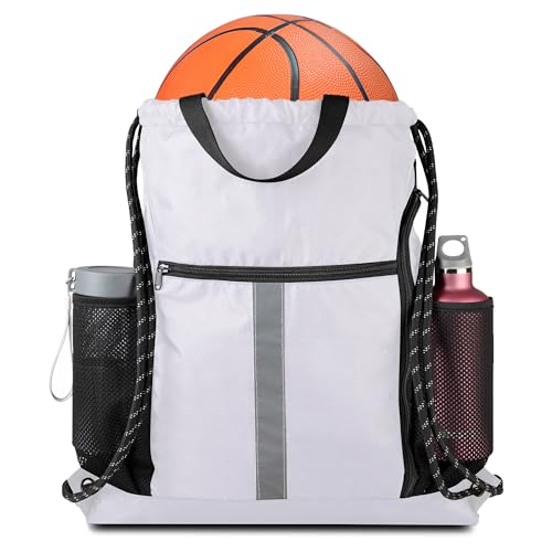 Image of BeeGreen White Drawstring Backpack Bag Sports Gym Backpack with Shoe Compartment and Two Water Bottle Holder for Men Women Large String Athletic Sackpack Workbag White