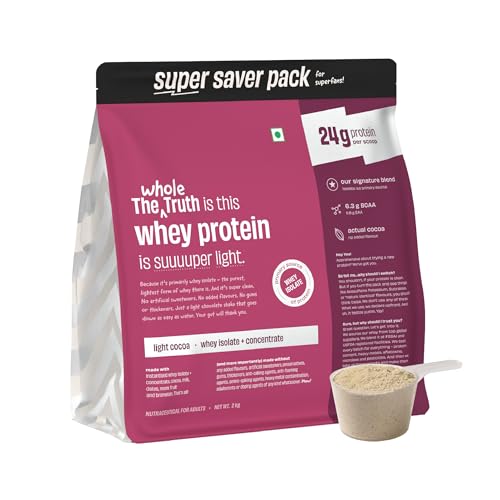 Image of The Whole Truth Whey Protein Isolate+Concentrate | Light Cocoa 2kg (4.4 lbs) | 24g Protein per scoop | 6.3g BCAA | No Adulteration | Clean, Light & Easy to Digest | Vegetarian | No Artificial Flavours