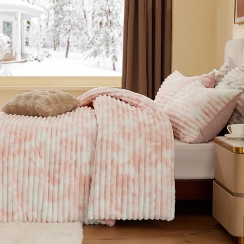 Image of BEDELITE Fleece King Comforter Set -Super Soft & Warm Fluffy Pink&White Bedding, Luxury Fuzzy Heavy Bed Set for All Season with 2 Pillow Cases